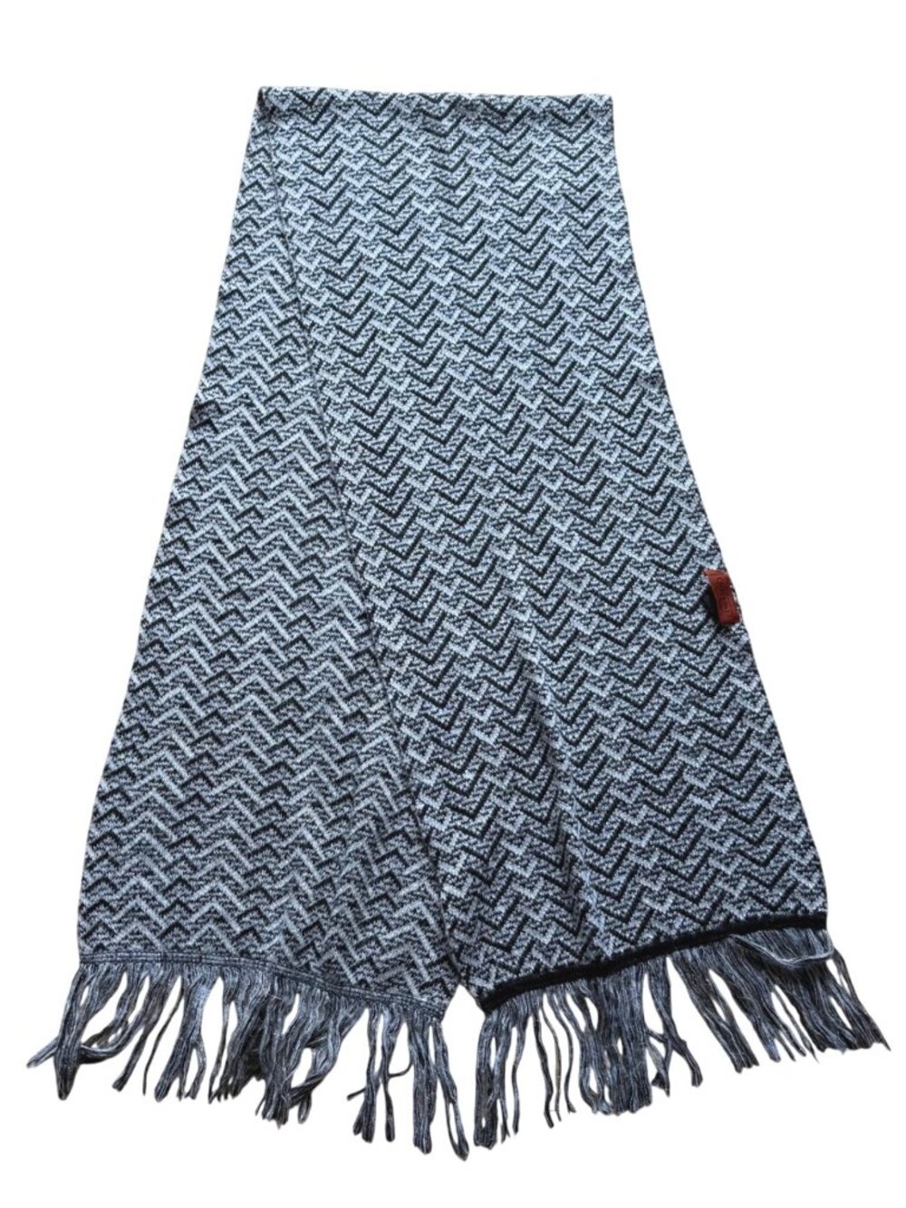 Missoni Italy Unisex Wrap Scarf Black White Chevron Wool Blend Fringe 86 x14 in